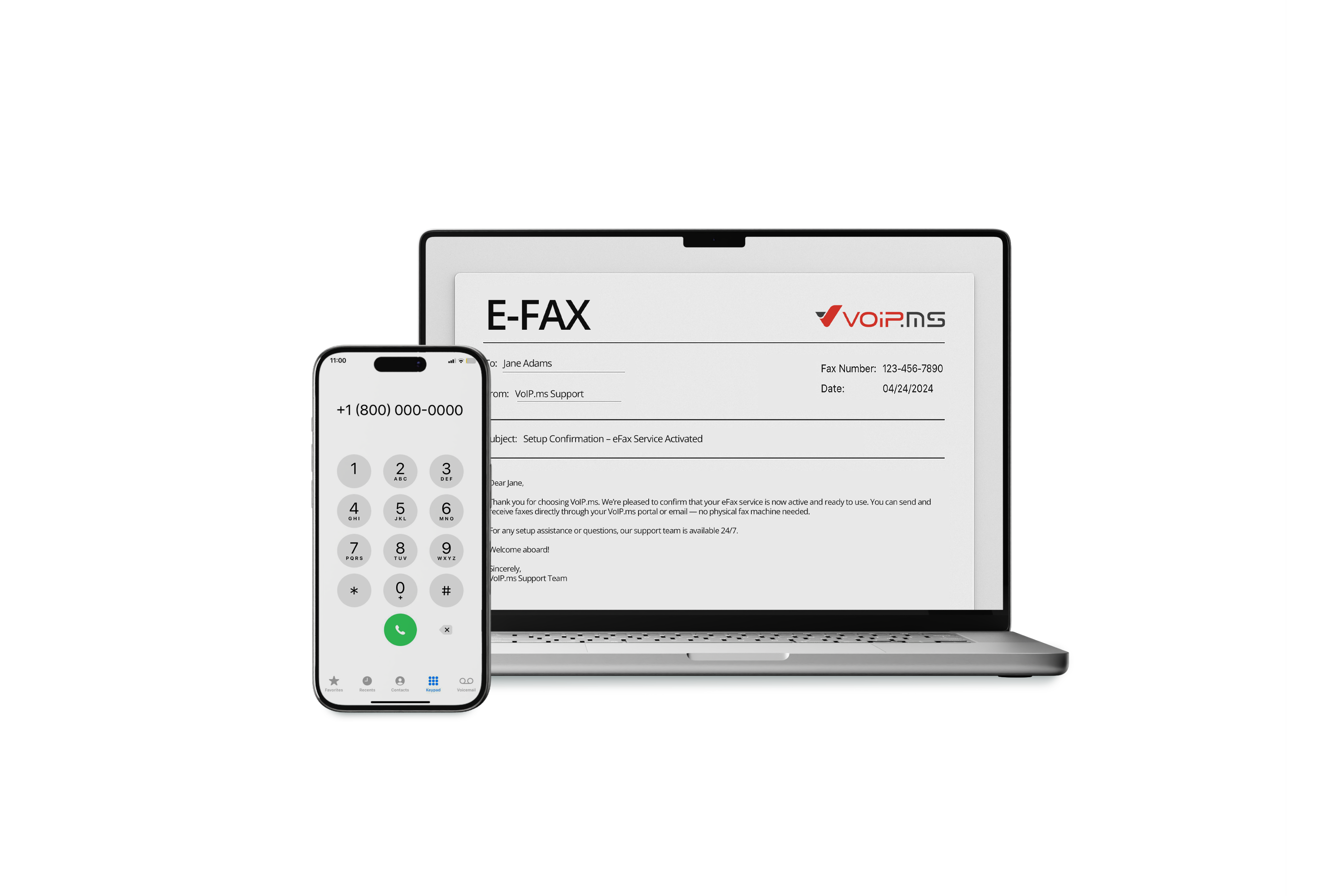 Smartphone and laptop displaying phone and fax services